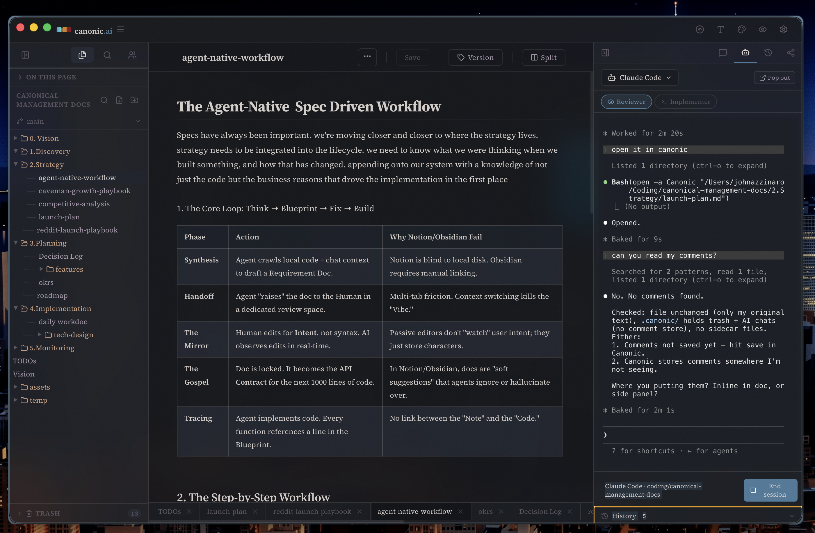 The editor: markdown on disk, Git history, inline comments, no terminal required.